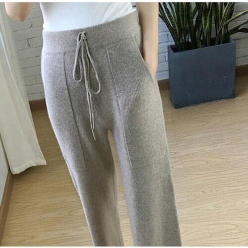 Autumn Winter New Soft Comfortable Cashmere Trousers Womens Pure Knit Wide Leg Pants Casual Loose Wool Knit Pants Women Y129