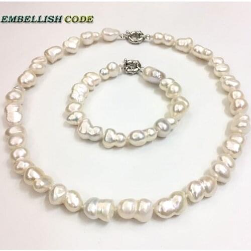 Selling well Baroque Irregular style statement necklace bracelet bangle set Peanut shape real freshwater pearls make knots white