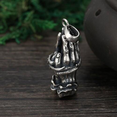 S925 Sterling Silver Necklace Pendant Fashion Thai Silver Jewelry Personality Prayer Hand Retro Male And Female Pendant