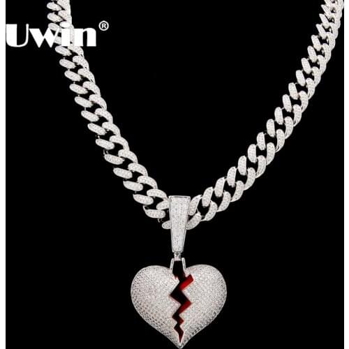 Uwin Broke Heart Pendant Necklace With 13mm Cubic Zirconia Cuban Link Chain Fashion Hiphop Luxury Iced Out Jewelry