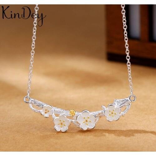 Kindey Bijoux New Arrivals Silver Color Big Plum Flower Necklaces For Women Long Necklaces Pendants Collar Girls Gifts
