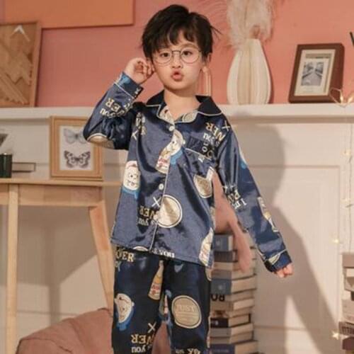 Children Girls Boys Pajamas Set Silk Stain Pajama 2021 Spring Kids Home Clothes Nightwear Animal Sleepwear Girl Clothes Set