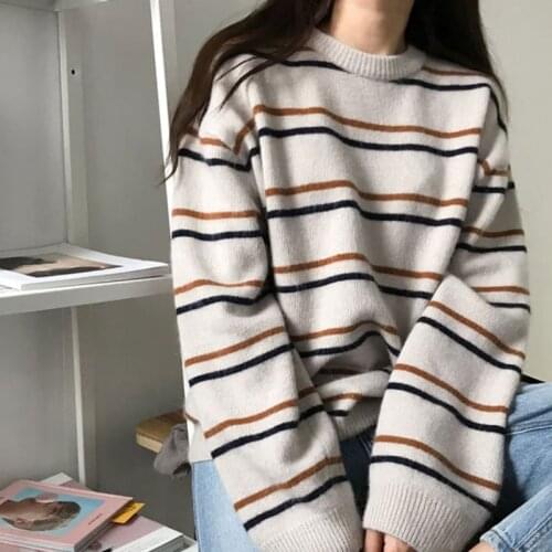 QingWen Pullovers Knit Women Soft Sweaters Retro Daily Tops Womens Pullover Sweet Student Striped Harajuku Knitted Loose Outwear