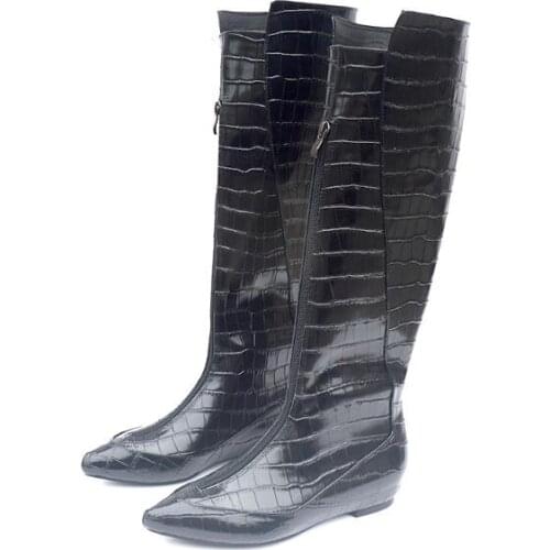 Genuine Leather Black Girls Stone Cowhide Lace Up Front Pointed Toe Flat Knee High Casual Knight Long Boots Woman Slim Boots