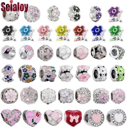 Seialoy Pink Enamel Flower Beaded Butterfly Garland Beads Heart Charm Fit Diy Bracelets Necklace Jewelry Making Accessories