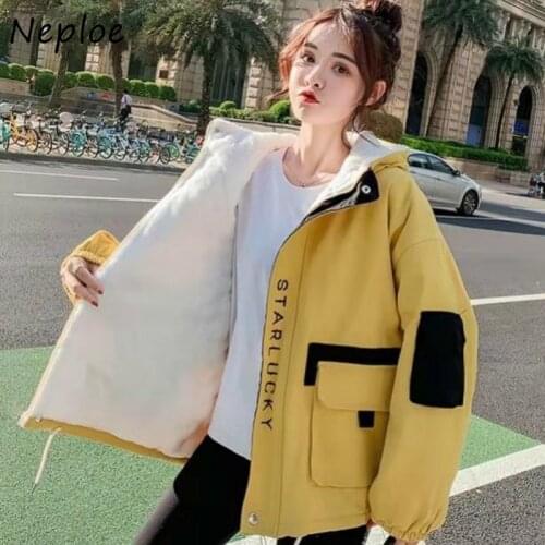 Neploe Chic Letter Pattern Pockets Hooded Coat Autumn Winter New Panelled Patchwork Loose Tops 2021 Safari Style Jacket Women