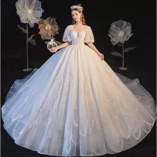 Wedding Dress V-Neck Sequins Floor-Length Lace Up Embroidery Empire Simple Short Sleeves Plus Size Wedding Gowns For Women G357