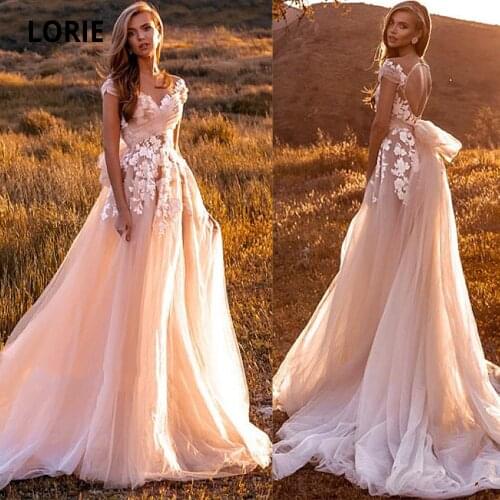 LORIE Sweetheart Blush Tulle Wedding Dresses Lace Appliques Cap Sleeve Bridal Gowns Princess Wedding Party Dresses Sweep Train