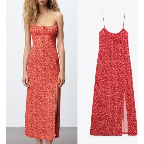 Za Women Dress 2021 Fashion Red Floral Print Midi Dresses Sexy Spaghetti Straps Smocked Elastic Side Slit Hem Chic Dress Mujer