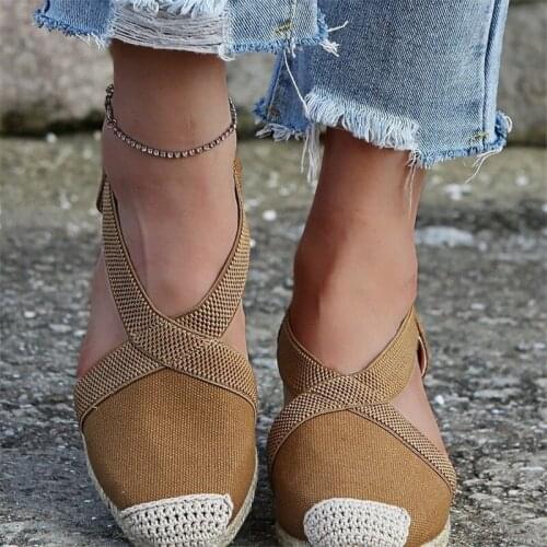 Retro womens sandals casual linen canvas wedges sandals summer ankle strap heels platform high heels espadrilles35-43
