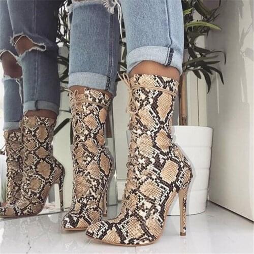 Women Lace-Up Boots Snake Print Ankle Boots High heels Fashion Pointed toe Ladies Sexy shoes 2019 New Chelsea Boots