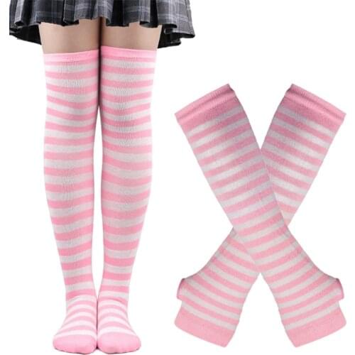 Womens Striped Knee High Socks Stretchy Gloves Set Thumb Hole Long Fingerless Gloves High Stockings for Christmas