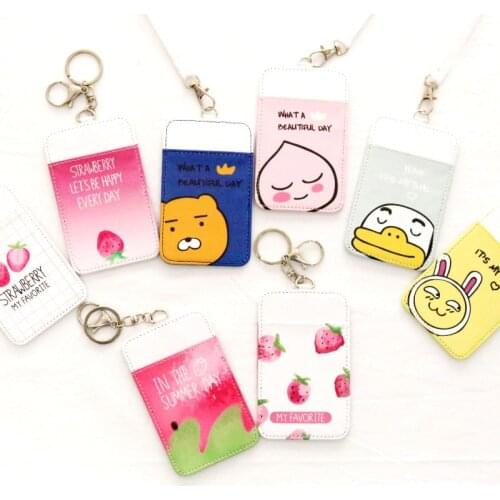 Women Leather Card Holder Small Fresh Cute Fruit Bus ID Bank Credit Cards Case Kids Cartoon Pink Strawberry Cover With Keychain