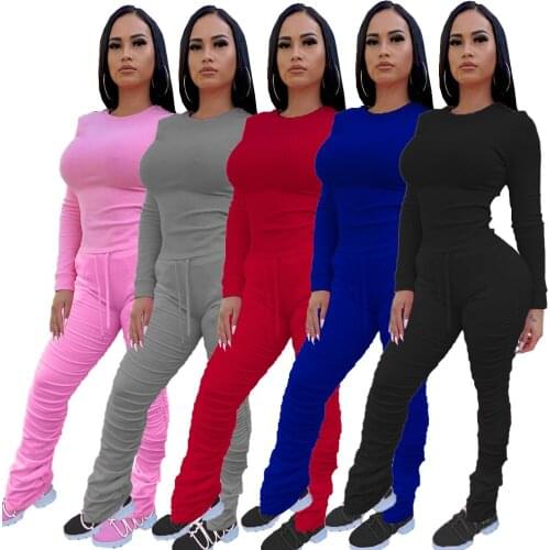 FNOCE 2020 autumn womens sets tracksuits young fashion casual solid o-neck long sleeve tops Pleating trousers two-piece suits