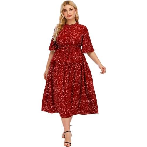 Dot Dress 2021 Summer Plus Size Round Neck Calf Length A Line Slim Fit Red Elegant Dating Casual High Waist Folds Mature