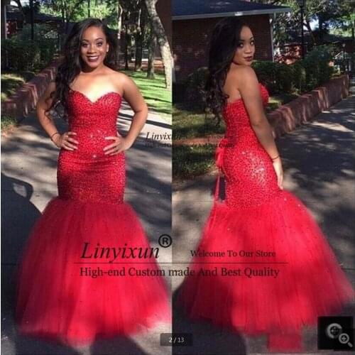 Sexy Vestido De Festa Red Tulle Mermaid Prom Dresses Heavily Beading Sequined Sweetheart Party Gowns Formal Evening Dress