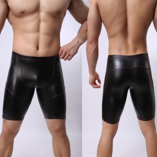 2018 Hot Sale Men Sexy Black Faux Leather Bodycon Shorts Boxer Fashion Elastic Underwear Male Bondage Lingerie Jockstrap Pants