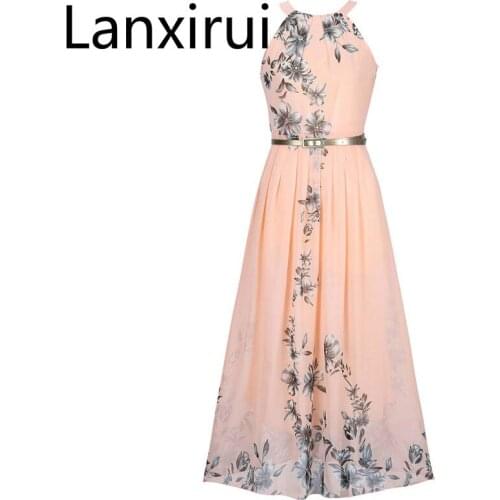 Summer Women Dress Chiffon Floral Print Halter Tunic Sleeveless Pleated Long Maxi Party Boho Dresses With Belt Vestidos