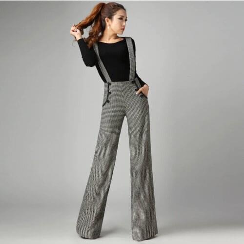 2020 Thickening Woolen Wide Leg Pants Female Pants Feet Suspenders Long Trousers Plus Size Women Pants High Waist Plaid Pants