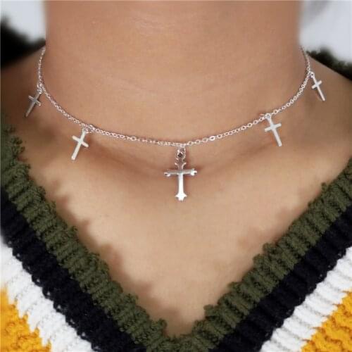 2021 Golden Silver Color Cross Necklaces & Pendants for Women Choker Clavicle Chain Jewelry Femme Bijoux Collares
