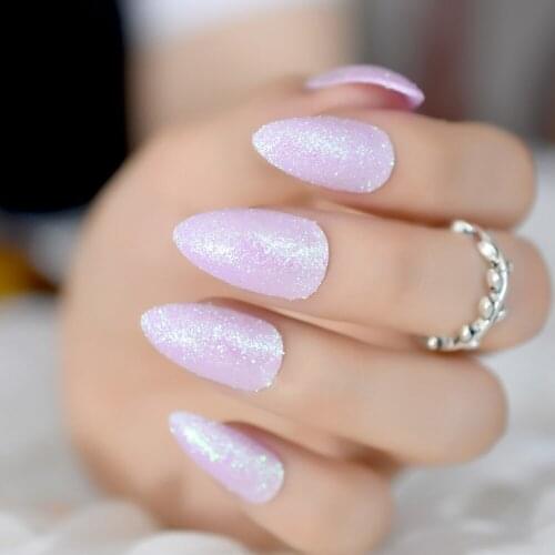 24pcs/kit Fashion Glitter Sharp Stiletto Nail Art Kits Light Purple Pre-designed Fake Nail Tips Medium Full Cover OL Style Z875