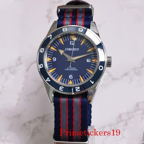 41mm CORGEUT Blue Dial Men Wristwatch Auto Date Sapphire Crystal MIYOTA 8215 Movement Nylon Strap