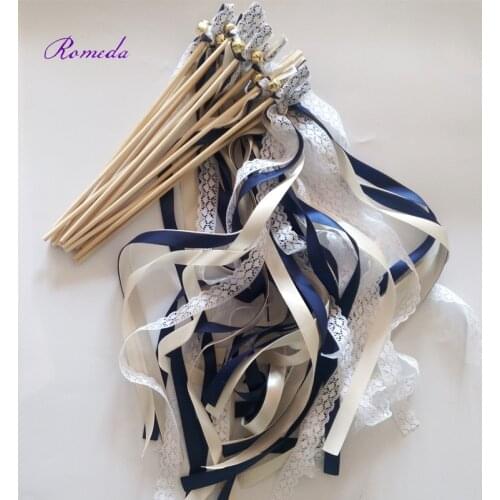 50pcs/lot navy blue and cream stain ribbon Wedding Ribbon Stick With lace ,Wedding Ribbon Wands ribbon Twirling Streamers