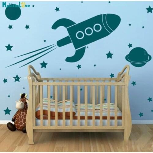 Large Rocket Ship Wall Stickers Spaceship Planets Kids Nursery Decoration Cute Vinyl Murals Removable YT4995