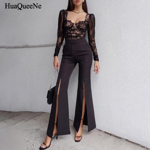 Womens trousers high waist Tight tights elastic elastic waist side height slit hem sexy fashion solid black stylish trousers pa