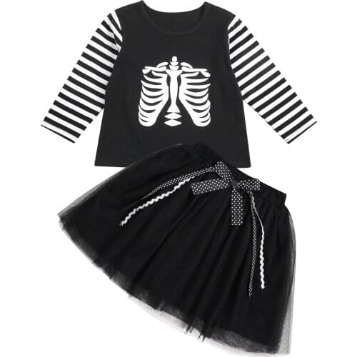 Kids Suit Set, Halloween Striped Round Neck Long Sleeve Pullover+ Bowknot Skirt for Toddler Girls, 2-7 Years
