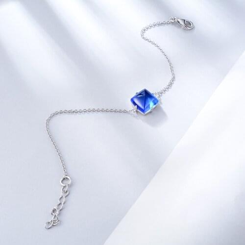 E Authentic 925 Sterling Silver Chain Bracelets for Women Blue Square Crystal Link Bracelet Simple Geometry Elegant Jewelry