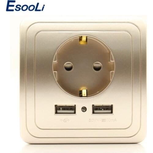 Esooli Gold,Silver,Champagne Gold,Best Dual USB Port 2000mA Wall Charger Adapter EU Plug Socket Power Outlet Panel