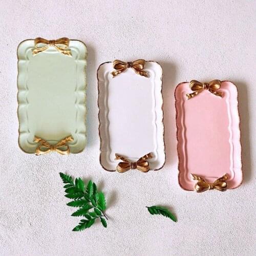 European Style Bow Cake Storage Trays Makeup Organizer Dessert Plate Square Decor Tray Kitchen Storage Trays 12x20Cm Pink
