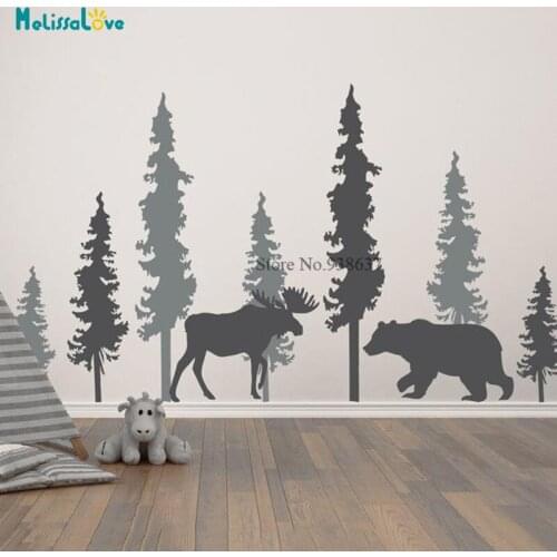 Bear and Moose Forest Pine Trees Wall Decal Baby Room Nursery Home Decor Removable Vinyl Wall Stickers BB810