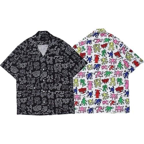 High Street Graffiti Oversize Short Sleeve Summer Shirts Men And Women Lapel Casual Hawaiian Shirt Loose Hip Hop Tops