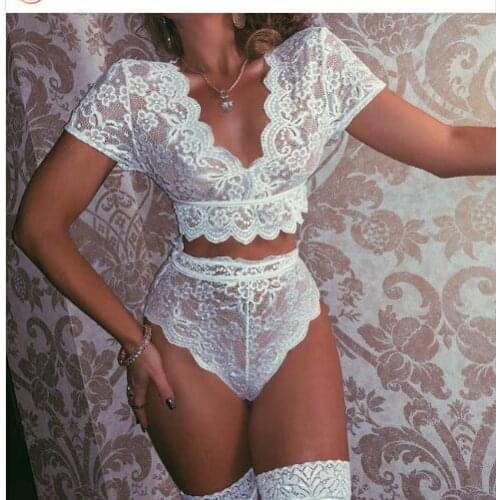 2 Pieces Of WomenS Lace Underwear Babydoll Deep V-Neck Scallop Short-Sleeved See-Through Crop Top + High-Waist Shorts Sexy Suit