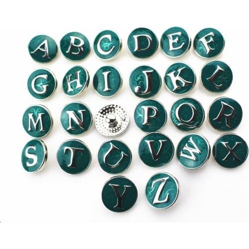 Hot selling 52pcs/lot dark green alphabet A-Z letter snap button charms for alloy snaps bracelets/pendant fit button jewelry