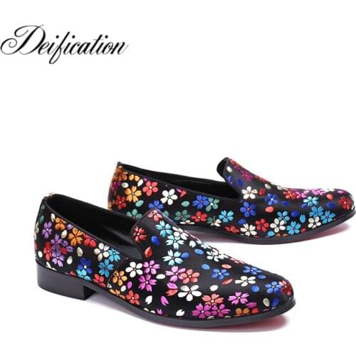 Deification Flowers Printed Mens Flats Casual Leather Shoes Moccasins Men Loafers Slip On Fashion Italian Male Driving Shoes