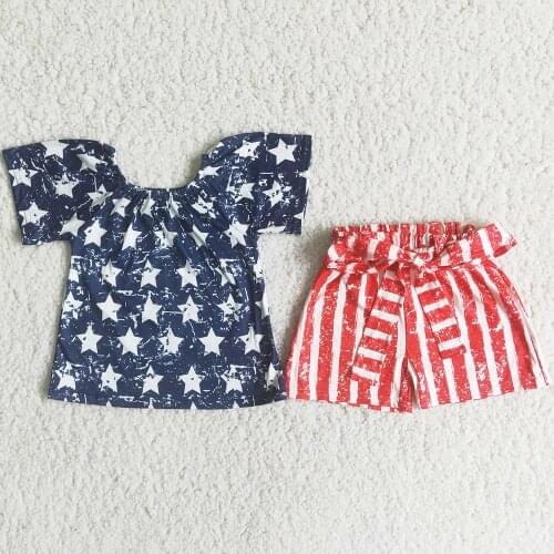 Baby girl clothes five-pointed star pattern navy blue shirt red and white striped belt shorts Western country festival clothing