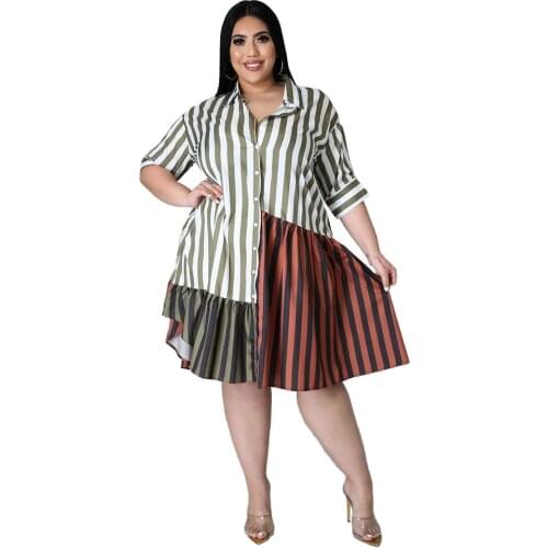 Plus Size Clothing for Women Dress Wholesale Streetwear Patchwork Striped Office Lady Shirts Midi Dresses Dropshipping RV745