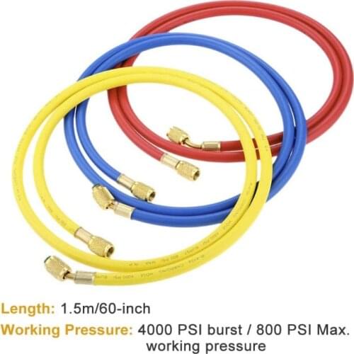 3Pcs 60" R410a AC Refrigeration Charging Hoses For R134A R12 R22 R502 HVAC 1/4" SAE Male Female Hose Fittings 800PSI