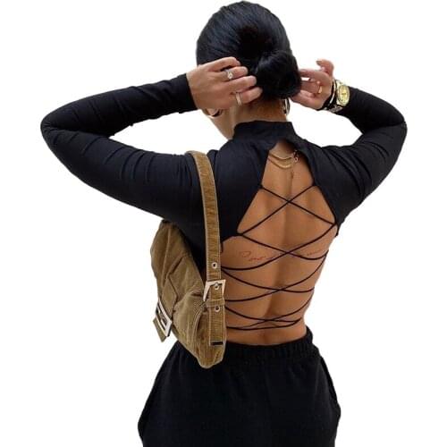 Women Sexy Harajuku Open Back T-shirt Long Sleeve Top Cropped Summer Tops White clothes shirt vintage tshirt tee dropshipping