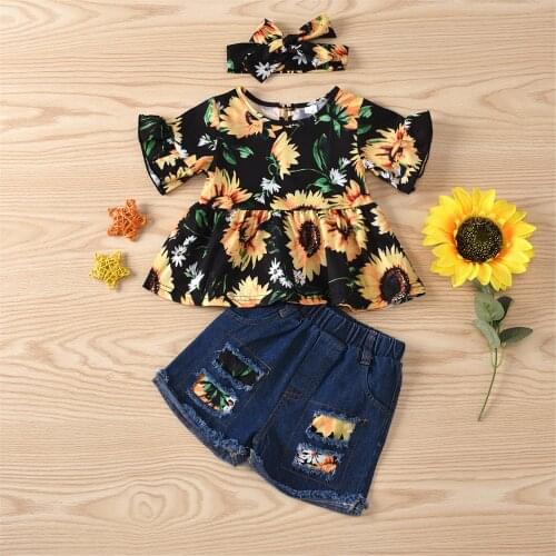 Pudcoco Three Piece Girl’s Clothes Fresh Sunflower Short Sleeve Tops and Ripped Denim Short Pants And Headband 2021 New Arrival