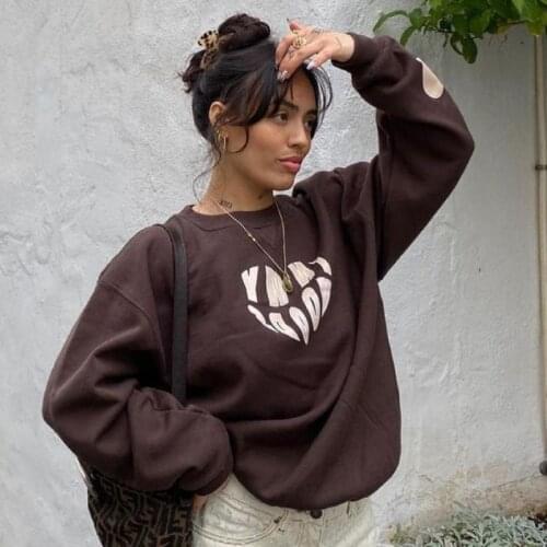 Women Sweatshirt Graphic Heart Print Design Loose Sweet Hoodies Trendy Top Female Youth T Shirt Girls Streetwear Student Blouse