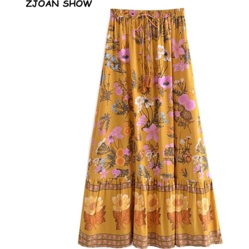 2021 Bohemia Yellow Floral Print Long Skirt Spliced Ruched Ruffle Hem Hippie Women Tassel Tie Bow Swing Skirts Holiday Pink