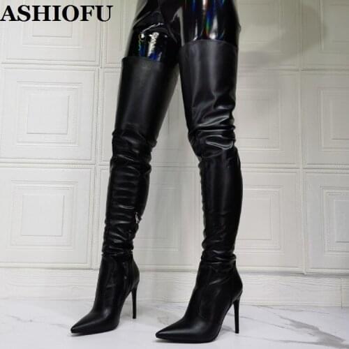 ASHIOFU New Handmade Ladies High Heels Over Knee Boots Part Prom Real-pics Thigh High Boots Stiletto Evening Club Fashion Boots