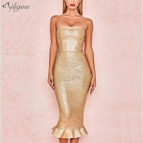 Ailigou 2021 Summer New WomenS Bandage Bodycon Dress Rayon Sexy Golden Strapless Fishtail Celebrity Party Dress Vestidos