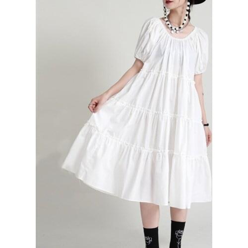 Johnature Summer New Solid Color Dress Women 2021 Fashion O-neck Puff Sleeve Loose Simple Female Dresses