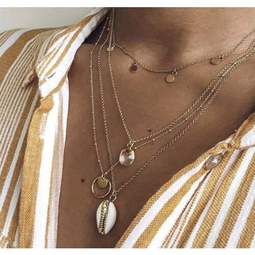 Women Necklace Multi Layered Girl Party Necklace Shell Crystal Gold Color Necklace Punk Style Gift Jewelry