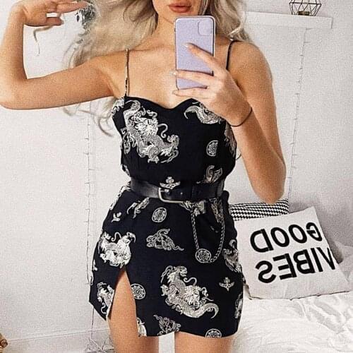 2021 Summer Fashion Women Sling Dress Cool Girl Dragon Print A Shape Sexy Retro Backless Split Hem Party Dress